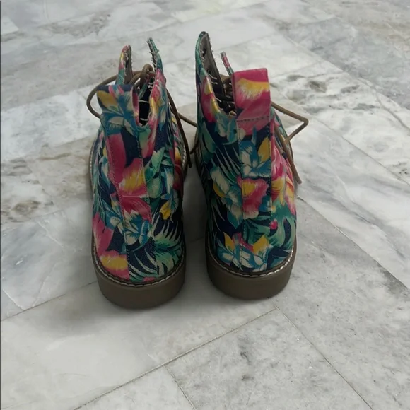 Pink and Green Lace Up Boots with Floral Pattern - Picture 3 of 6